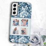 Elegant 4-Photo Blue Vintage Floral Samsung Galaxy S22  Case<br><div class="desc">This elegant design features a four-photo square template with white borders on a monochrome blue vintage-inspired background pattern of intricate leaves and blooms.</div>