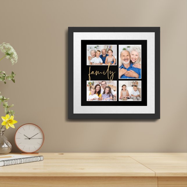 Elegant 4 Photo Collage Family Gold Black Framed Art (Table Top)