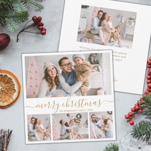 Elegant 4 Photo Collage Gold Script Christmas Holiday Card
