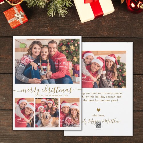 Elegant 4 Photo Collage Gold Script Christmas  Holiday Card