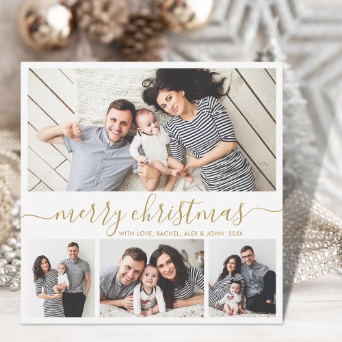 Elegant 4 Photo Collage Gold White Christmas Holiday Card