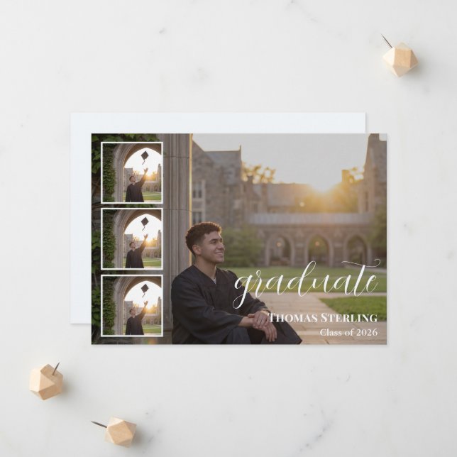 Elegant 4-Photo Collage Graduation Announcement (Front/Back In Situ)