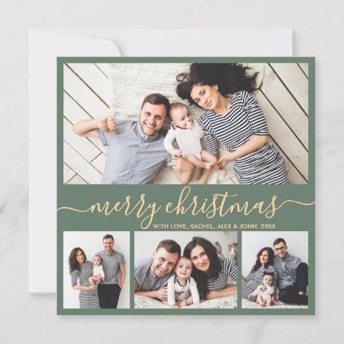 Elegant 4 Photo Collage Green and Gold Christmas Holiday Card