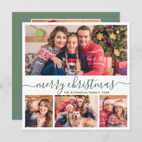 Elegant 4 Photo Collage Green Script Christmas Holiday Card
