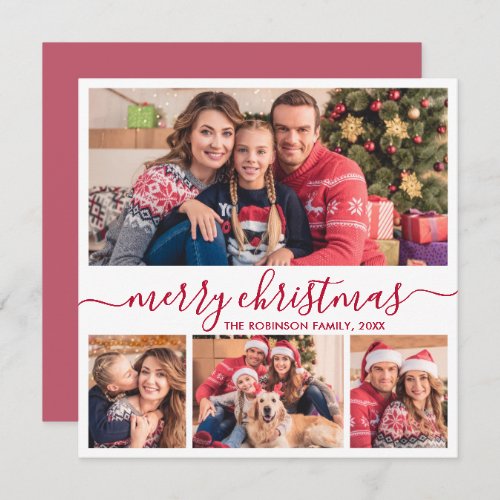 Elegant 4 Photo Collage Red Script Christmas Holiday Card