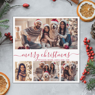 Elegant 4 Photo Collage Red Script Christmas Holiday Card