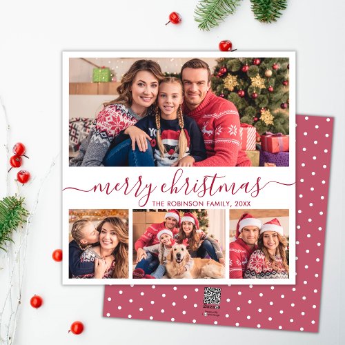 Elegant 4 Photo Collage Red Script Dots Christmas Holiday Card