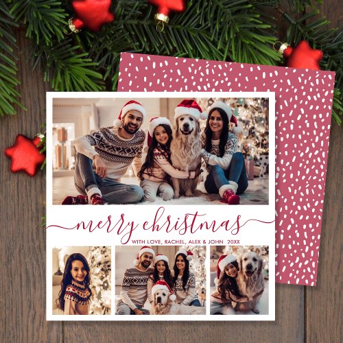 Elegant 4 Photo Collage Red Script Snowy Christmas Holiday Card