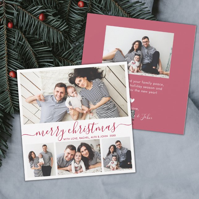 Elegant 4 Photo Collage Red White Christmas Holiday Card (Creator Uploaded)