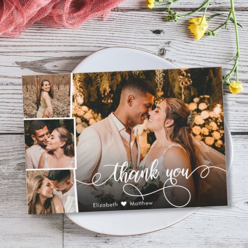 Elegant 4 Photo Collage Wedding Thank You Card