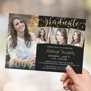 Elegant 4 Photo Graduate Black Gold Confetti Invitation