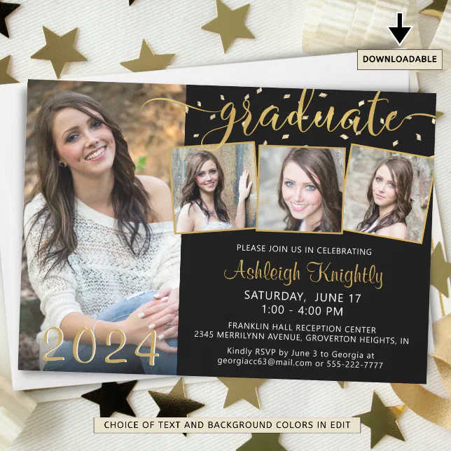 Elegant 4 Photo Graduate Black Gold Confetti Invitation | Zazzle