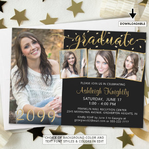 Elegant 4 Photo Graduate Black Gold Confetti Invitation