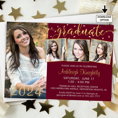 Elegant 4 Photo Graduate Maroon Gold Confetti Invitation