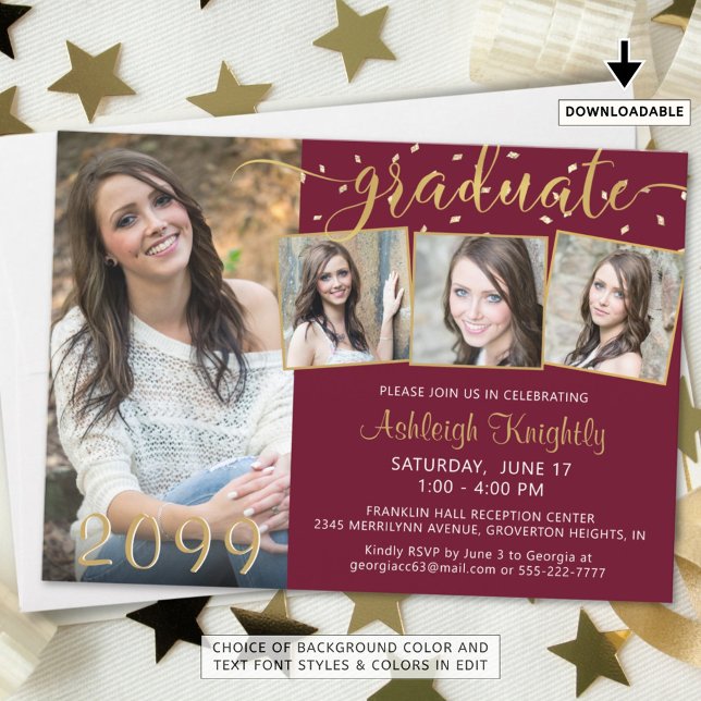Elegant 4 Photo Graduate Maroon Gold Confetti Invitation (Creator Uploaded)