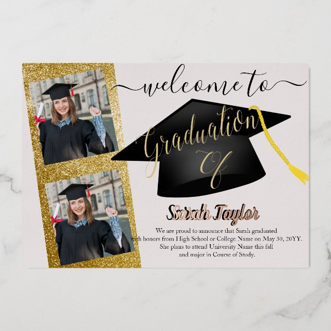 Elegant 4 Photo  Graduation  Foil Invitation (Front)