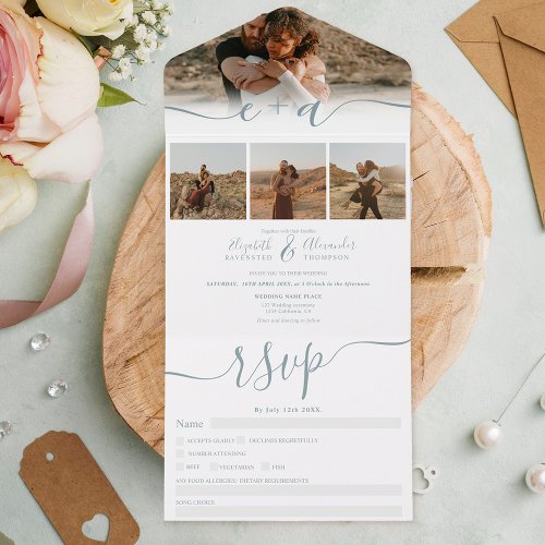 Elegant 4 Photos blue white modern script wedding All In One Invitation