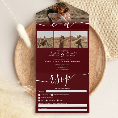 Elegant 4 Photos burgundy modern script wedding All In One Invitation