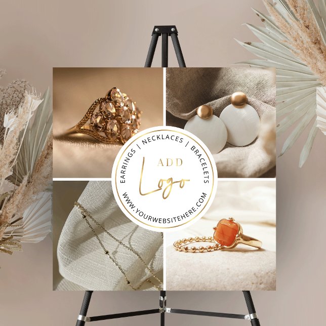 Elegant 4 Photos Business Gold Logo Boutique Sign (Elegant white and gold effect photo collage promotional banner sign for business with space for logo)
