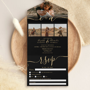 Elegant 4 Photos gold black modern script wedding All In One Invitation