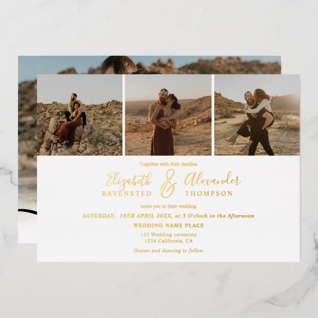 Elegant 4 Photos modern script wedding black white Foil Invitation (Front/Back)