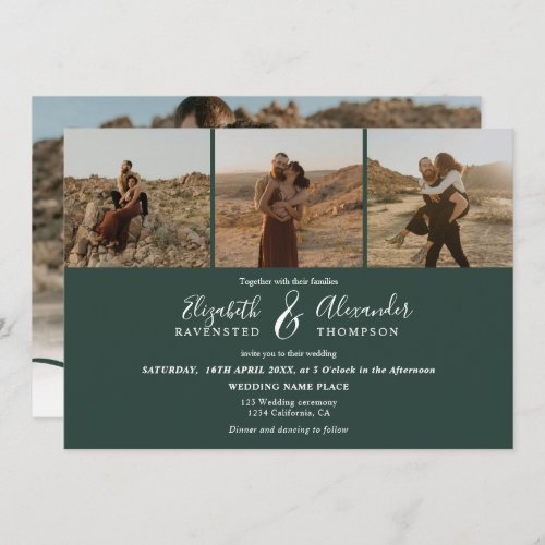 Elegant 4 Photos modern script wedding green Invitation