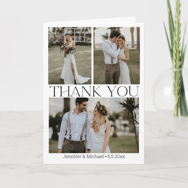 elegant 4 photos modern script wedding thank you card (Front)