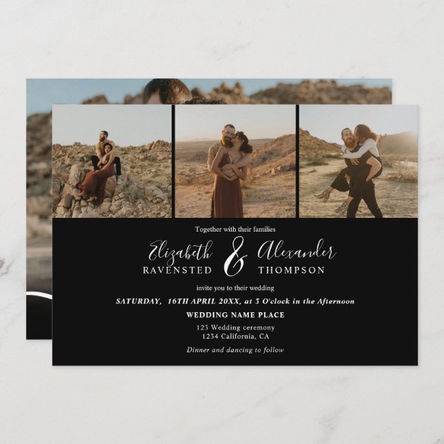 Elegant 4 Photos modern script wedding white black Invitation (Front/Back)
