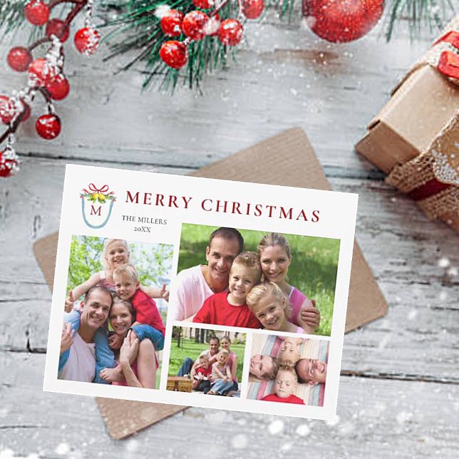 Elegant 4 Photos Monogrammed  Holiday Card (Creator Uploaded)