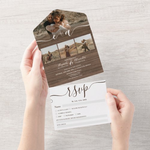 Elegant 4 Photos rustic brown wood script wedding All In One Invitation Elegant 4 Photos rustic brown wood script wedding All In One Invitation