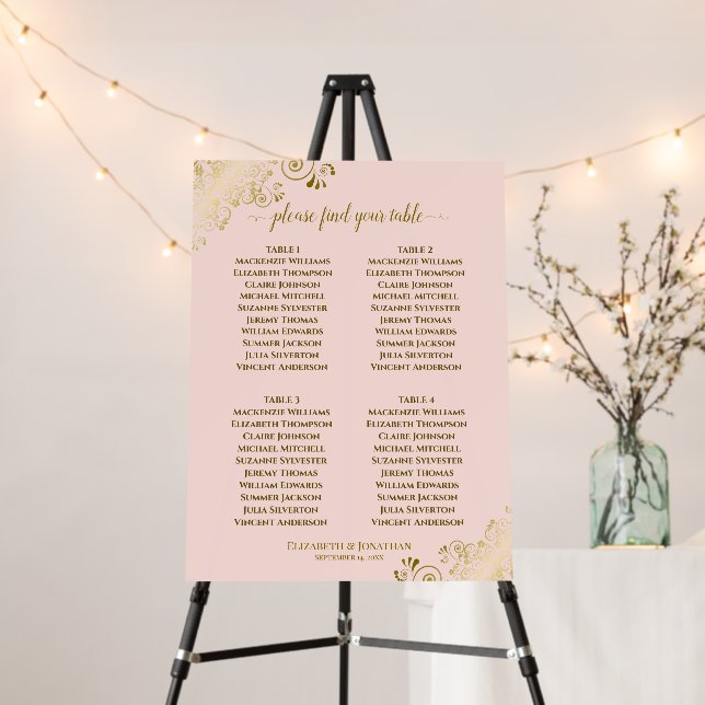 Elegant 4 Table Blush Pink & Gold Seating Chart Foam Board (In Situ (Stand))