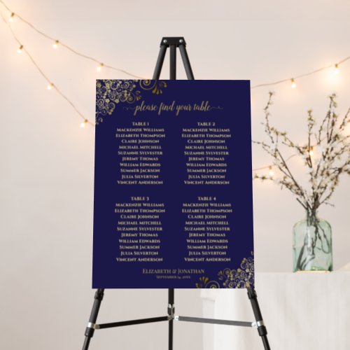 Elegant 4 Table Gold Lace Navy Blue Seating Chart Foam Board