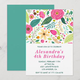 Elegant 4th birthday invitations Floral Colorful