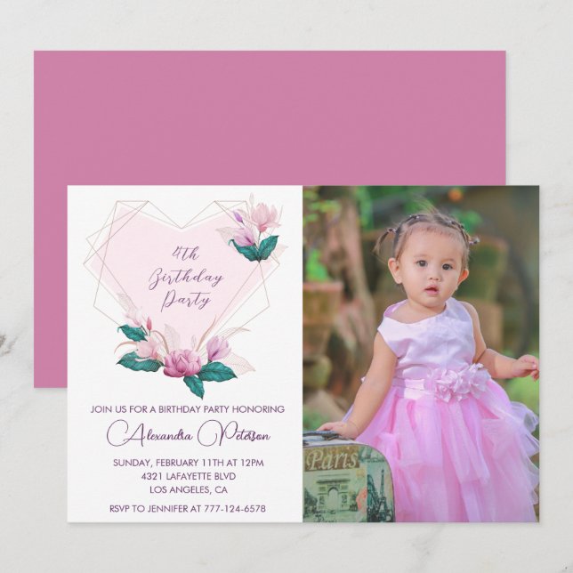 Elegant 4th birthday invitations Floral Photo (Front/Back)