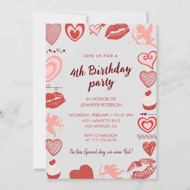 Elegant 4th birthday invitations Grey Red Hearts (Front)