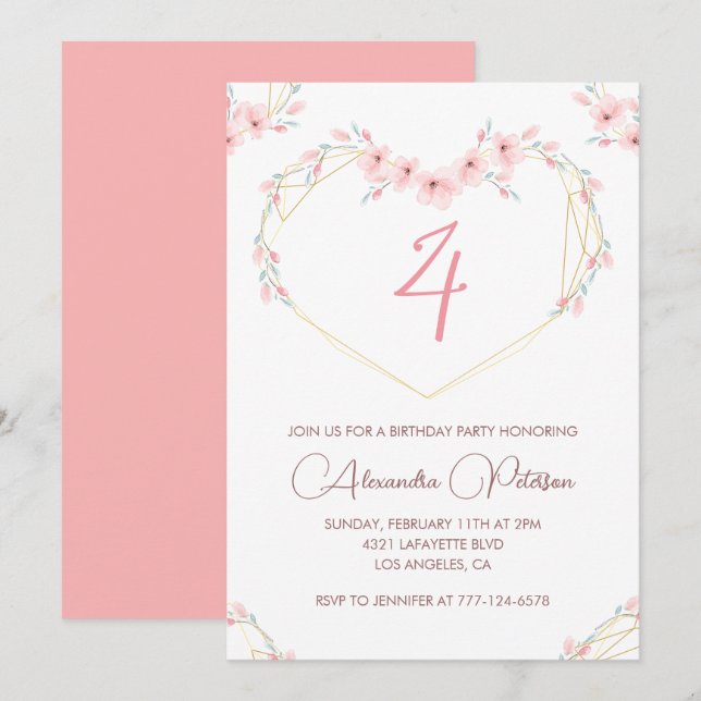 Elegant 4th birthday invitations Pink Floral  (Front/Back)