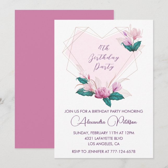 Elegant 4th birthday invitations Pink flowers  (Front/Back)