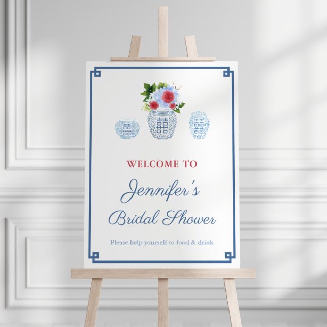 Elegant 4th July Bridal Shower Welcome Sign (Chinoiserie Chic navy blue red & white ginger florals bridal shower welcome sign for 4th July event)