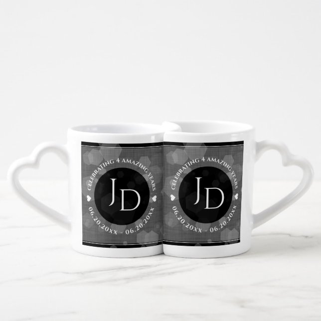 Elegant 4th Linen Wedding Anniversary Celebration Coffee Mug Set (Front Nesting)