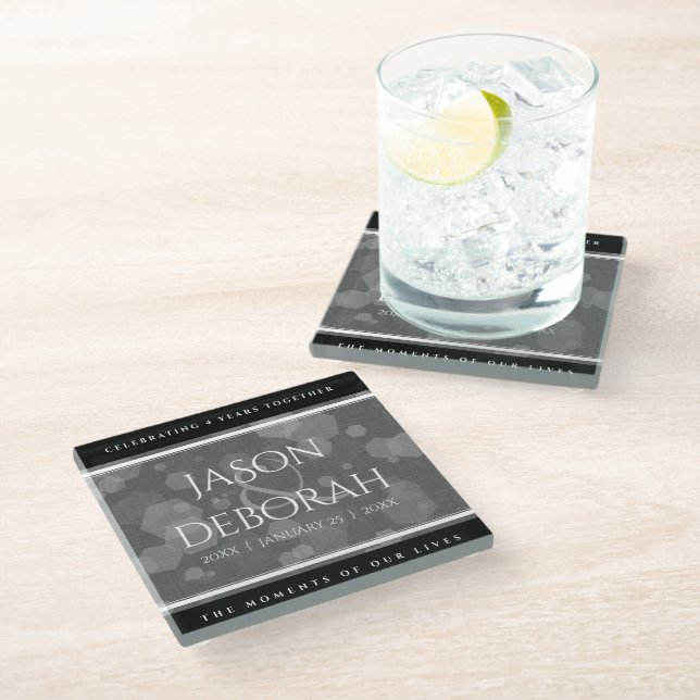 Elegant 4th Linen Wedding Anniversary Celebration Glass Coaster (Angled)