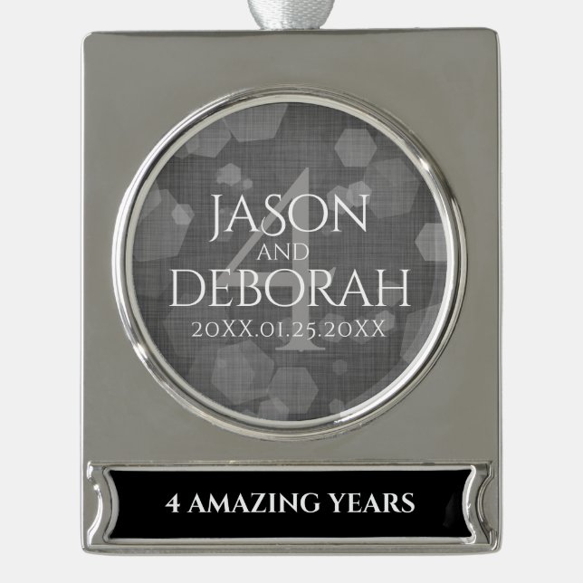 Elegant 4th Linen Wedding Anniversary Celebration Silver Plated Banner Ornament (Front)