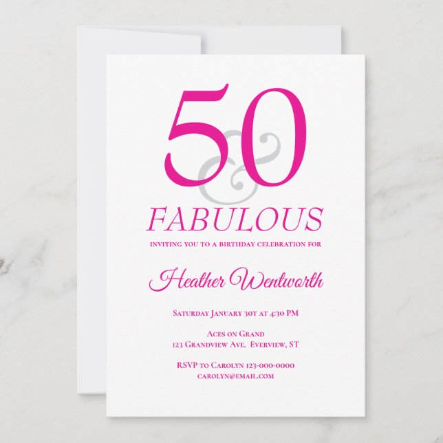 Elegant 50 and Fabulous 50th Birthday Pink Invitation (Front)