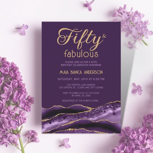 Elegant 50 and Fabulous 50th Birthday Purple Agate Invitation