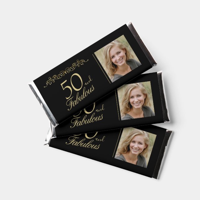 Elegant 50 and Fabulous Birthday Photo Black Hershey Bar Favors (Front)