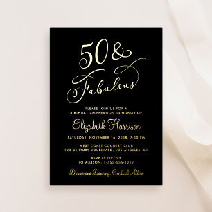 Elegant 50 And Fabulous Black 50th Birthday Party Foil Invitation