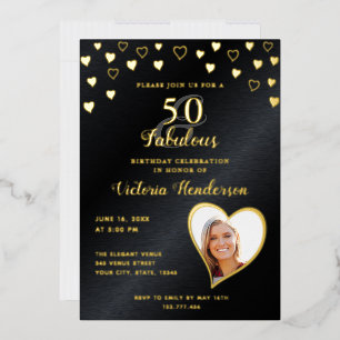 Elegant 50 and Fabulous Black and Gold Birthday Foil Invitation
