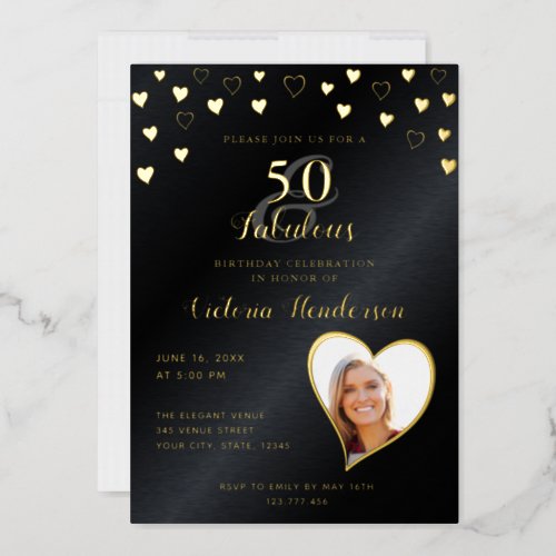 Elegant 50 and Fabulous Black and Gold Birthday Foil Invitation
