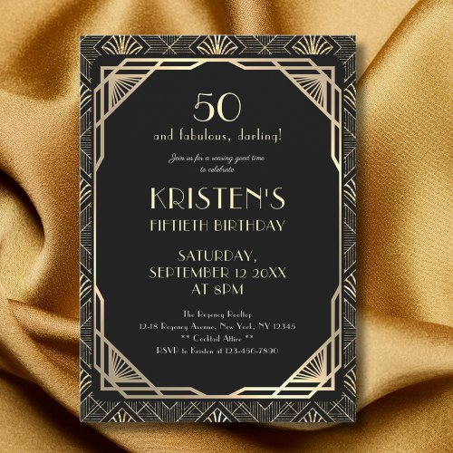 Elegant 50 and Fabulous Black and Gold Birthday Invitation