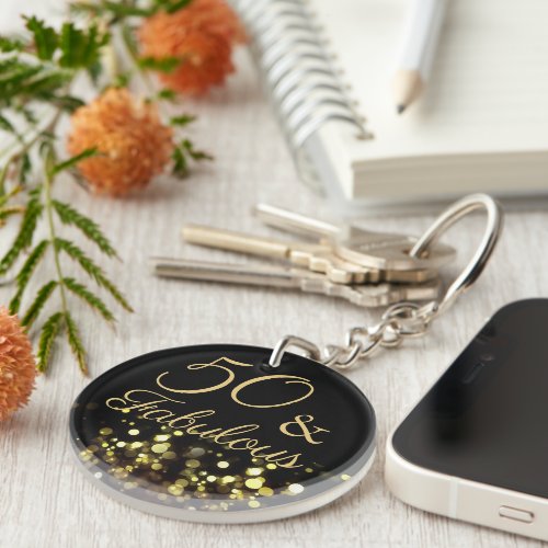 Elegant 50 and Fabulous Black and Gold Glitter Keychain