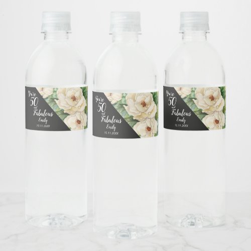 Elegant 50 And Fabulous Black Floral Birthday  Water Bottle Label